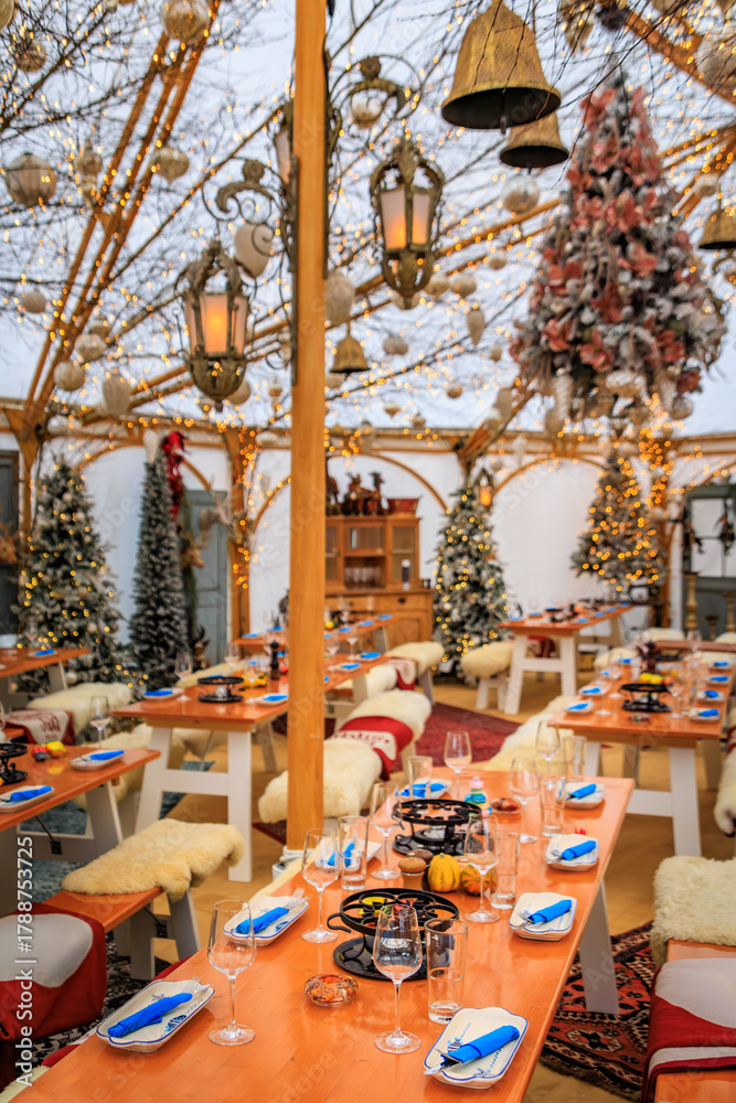 Fototapeta premium Rustic winter wonderland, festive decor at a restaurant in Zurich, Switzerland