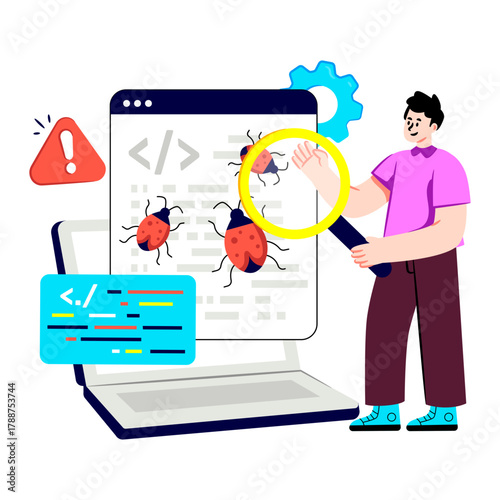 Virus under magnifying glass on webpage, debugging software 
     illustration