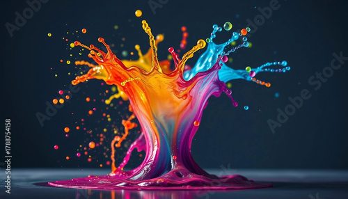 Rainbow liquid explosion. Macro photography of bright rainbow liquid splashing into the air. Dark background