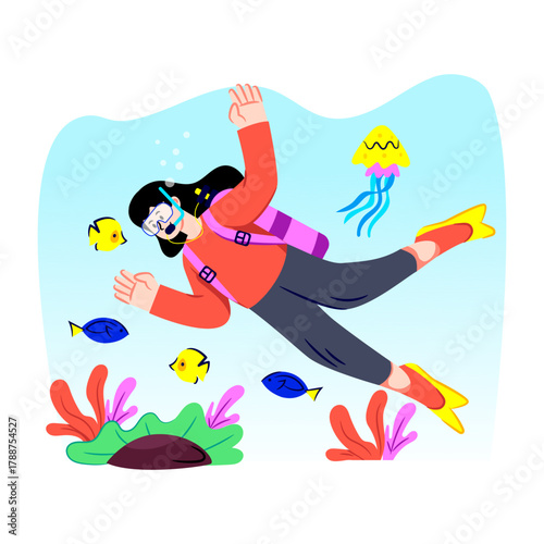Modern design illustration of female diver