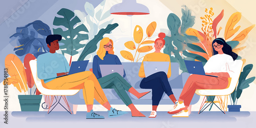 Team remote work in nature. Digital nomads working from garden