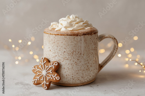 Cup of hot chocolate topped with whipped cream and cookie in ceramic mug