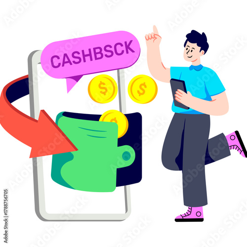 Wallet with reverse arrow inside smartphone denoting concept of online cashback