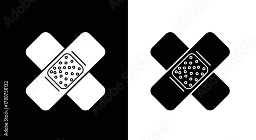 Crossed adhesive bandage icon set in black and white.