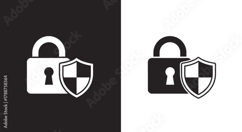 Minimalist Security Vector Icon with Padlock and Shield Symbol in Black and White