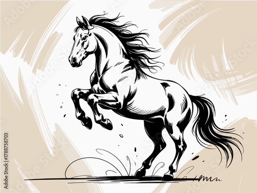A dynamic black and white illustration of a rearing horse, showcasing its elegance, power, and beauty, ideal for equine enthusiasts and artistic representations.