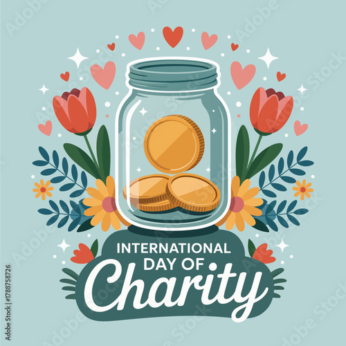 A charity jar filled with coins is artistically framed by colorful flowers, symbolizing hope, generosity, and community support during charitable events.