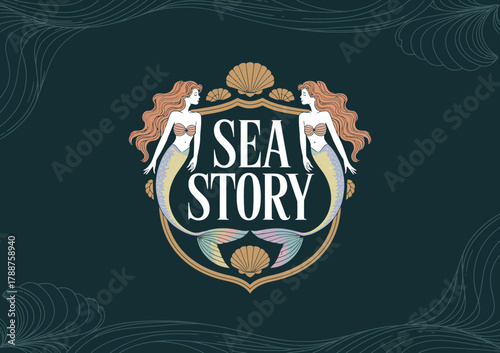 A beautifully crafted logo featuring two mermaids flanking the text 'Sea Story', invoking elements of fantasy, creativity, and oceanic storytelling.