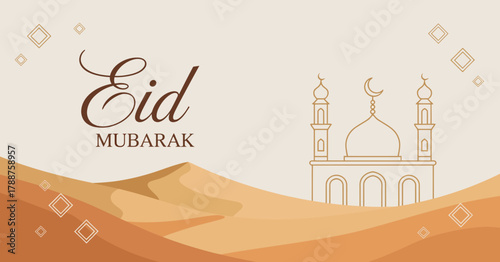 Celebrate Eid with this elegant graphic featuring a beautiful mosque silhouette amidst warm, sandy backgrounds, embodying joy, reflection, and cultural significance.