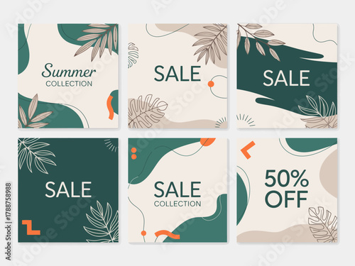 This collection of six stylish posters promotes a summer sale, featuring vibrant colors and modern designs to attract attention and convey excitement in shopping.