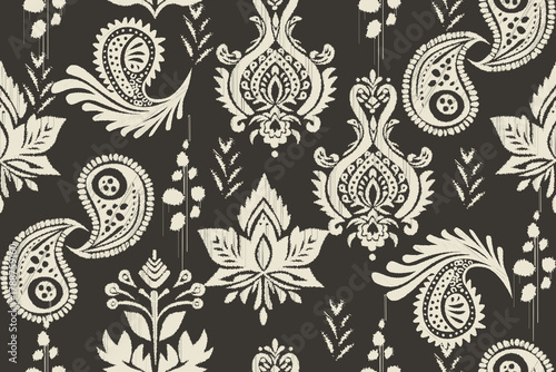 Damask seamless pattern, Ikat floral seamless pattern background, vector illustration, Ikat ethnic oriental embroidery, Aztec style, baroque. Design for texture, fabric, clothing, decoration, fashion