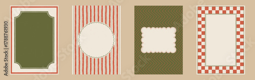 Set of 4 decorative hand-drawn holiday retro frames and borders in a whimsical sketch style for Christmas cards, invitations, and festive projects, vector illustration.