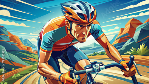 Very beautiful close-up view of a male cyclist riding a bicycle outdoors, featuring detailed handlebars, focused motion, natural light, and a realistic dynamic athletic scene in an outdoor environment