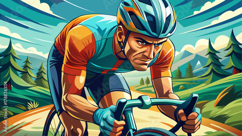 Very beautiful close-up view of a male cyclist riding a bicycle outdoors, featuring detailed handlebars, focused motion, natural light, and a realistic dynamic athletic scene in an outdoor environment