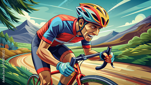 Very beautiful close-up view of a male cyclist riding a bicycle outdoors, featuring detailed handlebars, focused motion, natural light, and a realistic dynamic athletic scene in an outdoor environment