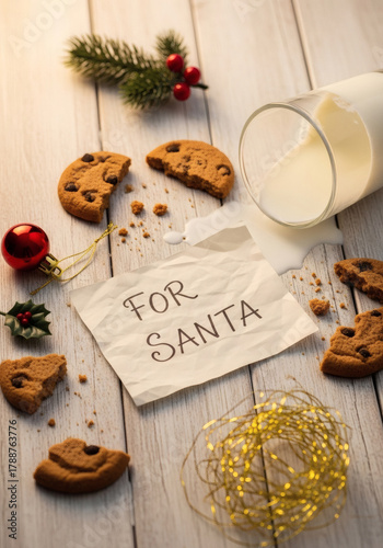 A festive arrangement featuring a glass of milk, chocolate chip cookies, and a handwritten note for Santa, captured against a rustic wooden background.