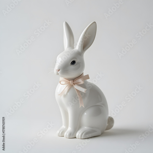 A charming porcelain white rabbit figurine with a delicate pink bow, ideal for Easter decor and whimsical home accents.
