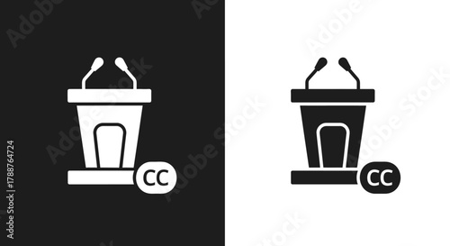 Icon Vector of a Presentation Podium with Microphones and CC Closed Captioning Symbol