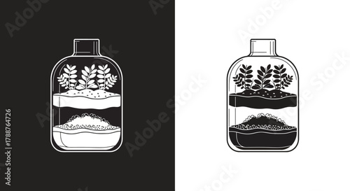 Minimalist Terrarium Vector Icon with Plant in a Bottle Hand Drawn Monochrome Line Art