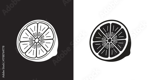 Hand-drawn lemon slice illustration in black and white versions.