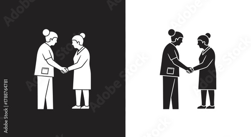 Minimalist Vector Icon of a Nurse and Patient Handshake for Healthcare