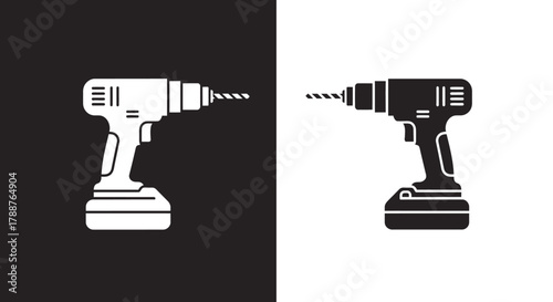 Black and white cordless electric drill tool vector icon set.