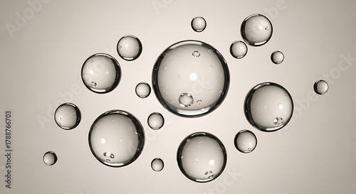 Bubbles of varying sizes floating against a neutral background, creating a sense of lightness and purity in this abstract composition