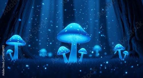 Enchanted Blue Mushrooms Forest Illustration A Magical, Luminous Fungi Scene
