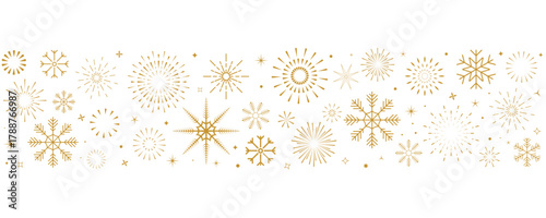 Christmas border, new year holidays banner with gold winter snowflakes and stars. Elegant festive decoration pattern design for greeting cards, celebration events. Vector illustration.