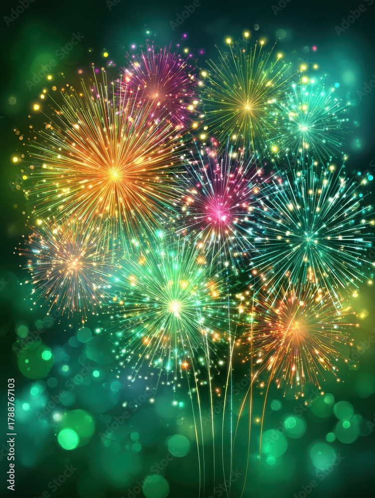 Fototapeta premium Vibrant New Year Celebration 2027 With Colorful Fireworks Bursting Over Emerald Green Night Sky