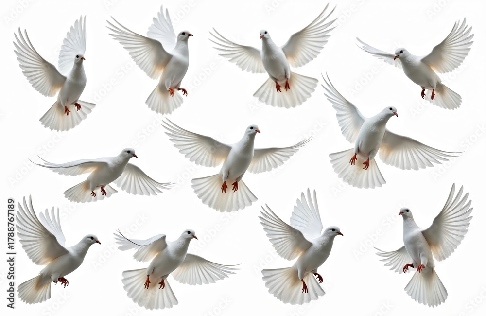 Fototapeta premium Flock of white doves in mid-flight against clean white background. Birds show spread wings, symbolizing peace, freedom, hope. Pure white plumage highlights purity, spirituality, new beginnings.