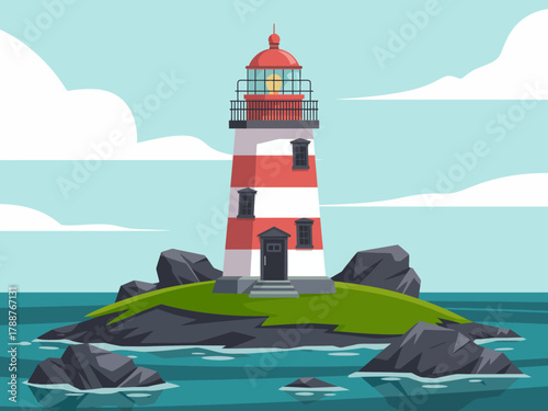 This bright and colorful lighthouse illustration set against a serene ocean backdrop embodies guidance and safety, making it a captivating design for various projects and themes.