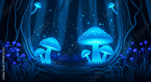 Enchanted Night Luminous Mushrooms and Mystical Glow in a Dreamy Forest Scene
