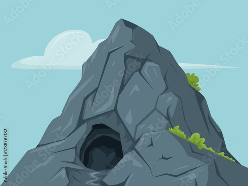 A stylized mountain with a cave and greenery depicted in a clean graphic style, showcasing nature's majesty and the exploration spirit in outdoor adventures.