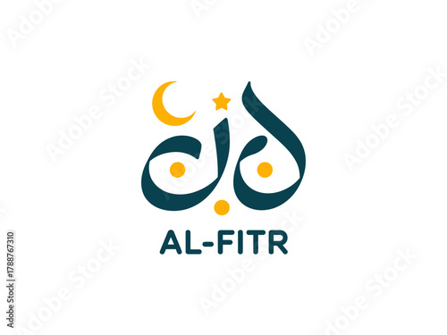 An elegant Arabic calligraphy design celebrating Eid al-Fitr featuring decorative crescent moon and star elements, symbolizing joy and togetherness during the festive occasion.