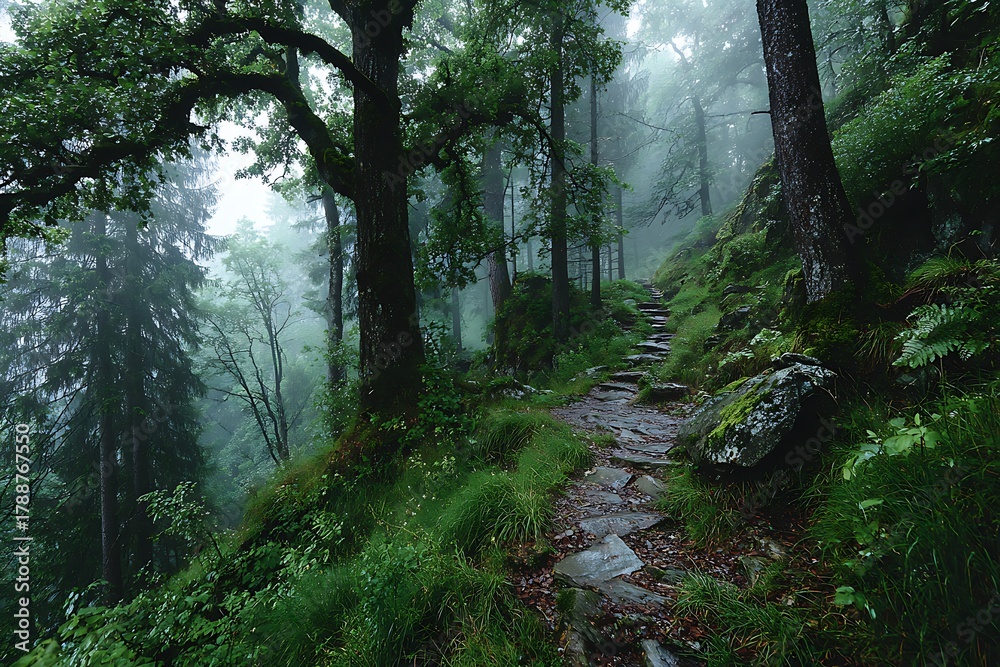 Obraz premium Misty forest trail with stone path and green trees after rain, mysterious woodland landscape in morning fog