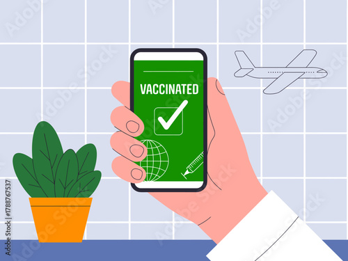 This modern image illustrates a smartphone displaying a vaccination status confirmation, signifying readiness for travel amidst health measures, showcasing tech in everyday life.