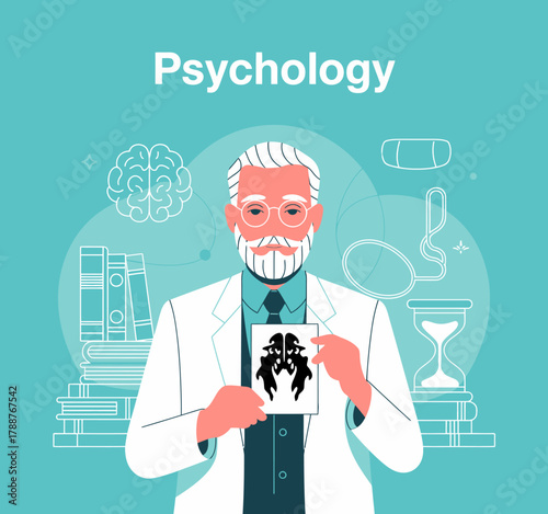 This illustration showcases a psychologist holding Rorschach inkblots, symbolizing emotional exploration and analysis in the field of psychology.