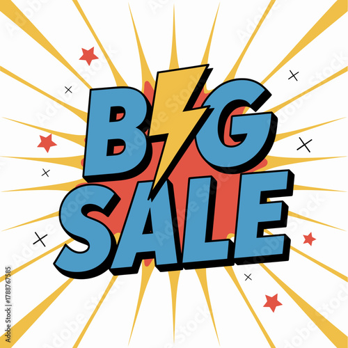 This vibrant, comic-style artwork captures attention with 'BIG SALE' text highlighted by a striking lightning bolt, making it perfect for promotional material.