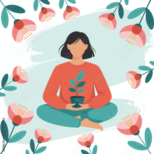 A calm illustration of a woman meditating while holding a small plant, surrounded by beautiful flowers, embodying serenity and connection to nature.