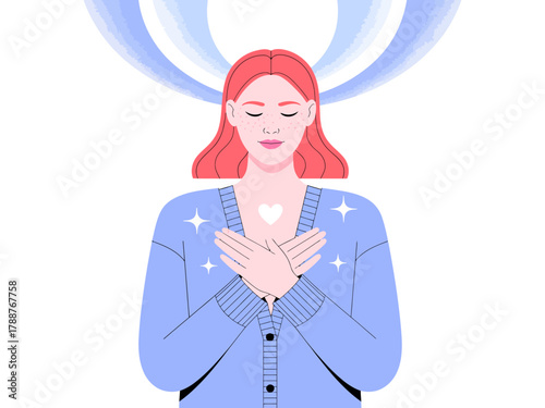 A woman in a cozy sweater practices meditation with her hands over her heart, symbolizing self-love and introspection, emanating tranquility and emotional balance.