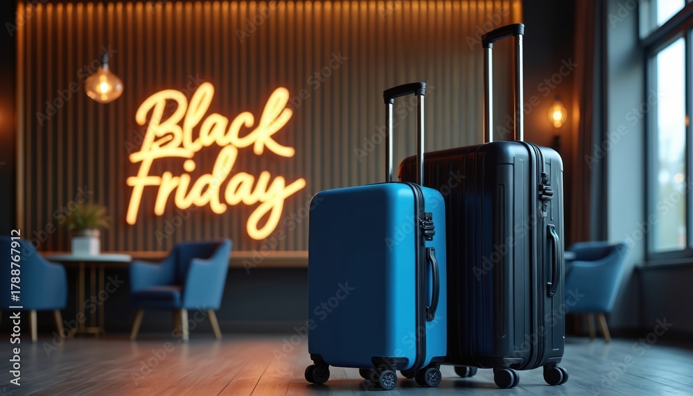 Naklejka premium Two suitcases stand ready for travel near a neon Black Friday sign in a hotel lobby. Offers for trips and vacations are advertised. Customers can book deals on flights, hotels, and packages.
