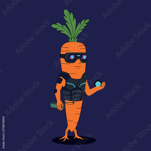 Cyberpunk carrot warrior holding a futuristic energy orb