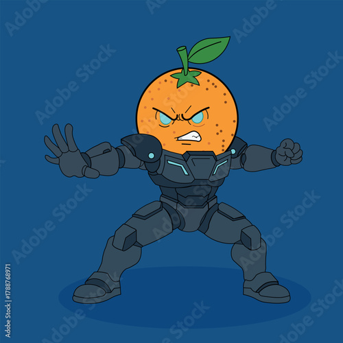 Angry orange superhero in futuristic power armor
