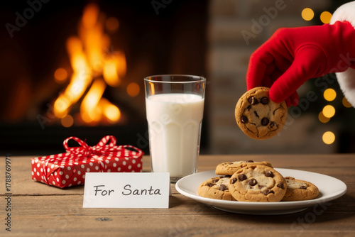 Santa's hand in red glove picking up chocolate chip cookie from plate with milk and gift on wooden table in front of fireplace, Christmas tradition and holiday celebration banner with copy space