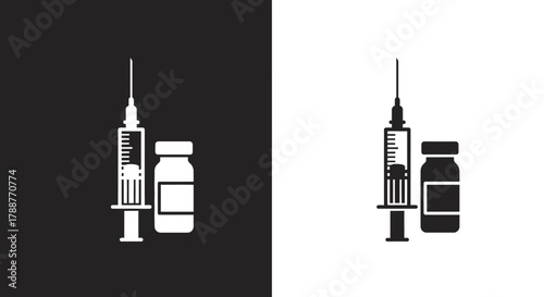 Minimalist Syringe and Vaccine Vial Vector Icon Set Black and White for Medical Design