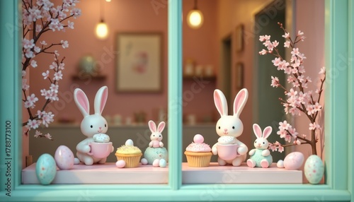 Easter window display features cute bunnies holding cups and cupcakes. Decorated eggs and pink cherry blossoms add festive spring charm. A sweet holiday scene.