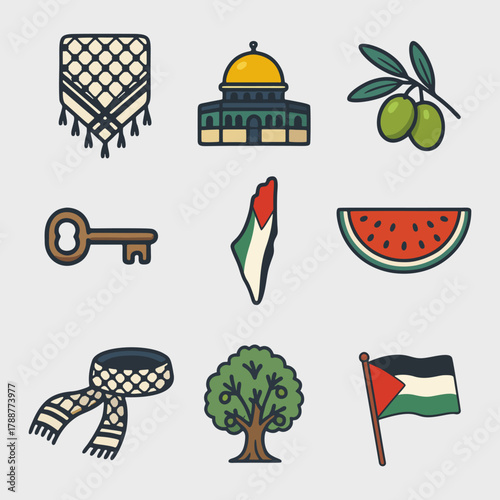 Palestine Culture Set Keffiyeh, Al-Aqsa, Olives, Watermelon, Key of Return, Map, Kufiya Headband, Flag
