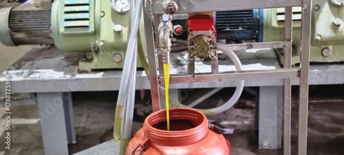 High-resolution photo showing fresh extra virgin olive oil flowing from a stainless steel extractor into a container inside a modern olive oil mill