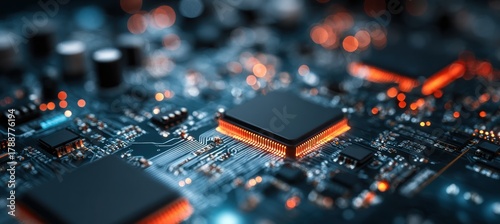 Close-up of a modern computer motherboard with glowing components and intricate circuitry.